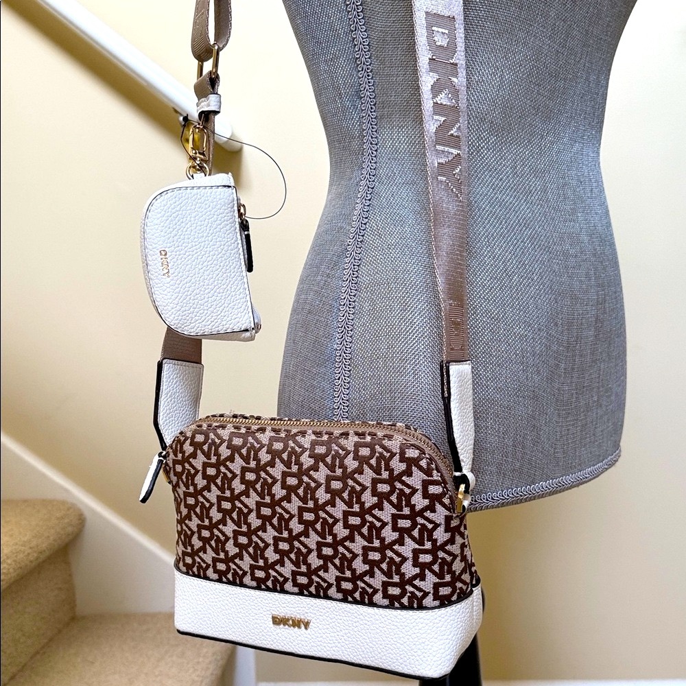 NWOT DKNY Crossbody Bag in Brown and White with removeable coin accessory purse.